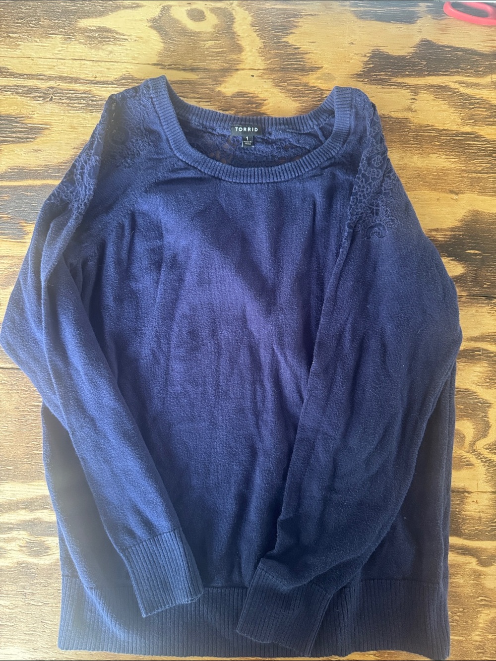 torrid navy crewneck sweater with lace shoulder detail